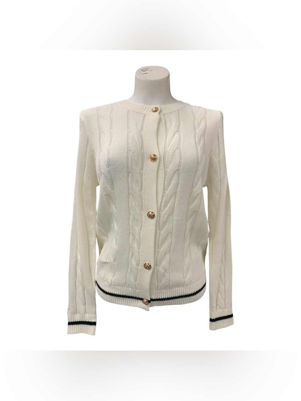 Cream Cable Knit Cardigan Sweater with Gold Buttons Size M